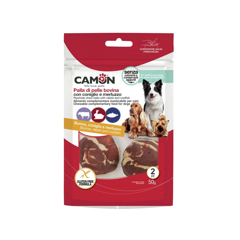 Camon - Palla di Pelle Bovina avec Lapin e Cabillaud 50 g (Chien) Camon - Palla di Pelle Bovina avec Lapin e Cabillaud 50 g (Chien)