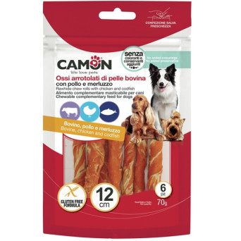 Camon - Rolls di Pelle Bovina con Pollo e Merluzzo - da 70 Gr - 6 pezzi - L 12 cm (Cane) -