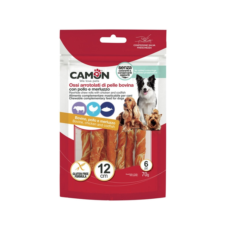 Camon - Rolls of Pelle Bovina with Chicken and Cod - da 70 Gr - 6 pezzi - L 12 cm (Dog) Camon - Rolls of Pelle Bovina with Chicken and Cod - da 70 Gr - 6 pezzi - L 12 cm (Dog)