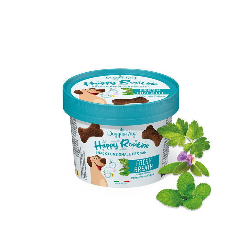 Doggye bag - Happy Routine Snack Funzionale Fresh Breath mit Mentolo Prezzemolo und Salvia - 150GR (Hund) Doggye bag - Happy Routine Snack Funzionale Fresh Breath mit Mentolo Prezzemolo und Salvia - 150GR (Hund)