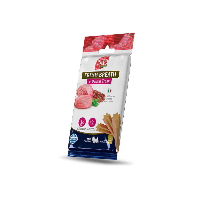 Farmina - Natural et Delicious Adult Mini Quinoa Dental Treat Fresh Breath Agneau 60 g (Chien) Farmina - Natural et Delicious Adult Mini Quinoa Dental Treat Fresh Breath Agneau 60 g (Chien)