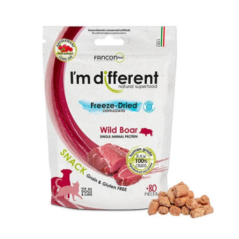 I’m Different - Snack Liofilizzato a Base di Carne Cruda di Cinghiale Selvatico - 40 Gr. - 80 pezzi (Cane) - 