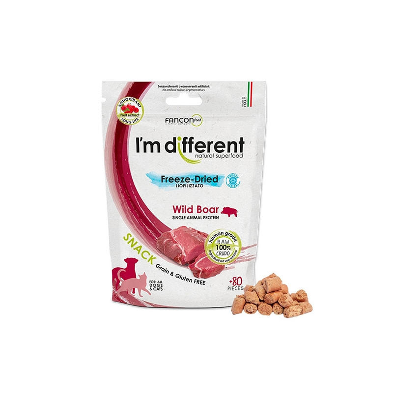 I’m Different - Snack Liofilizzato a Base di Carne Cruda di Cinghiale Selvatico - 40 Gr. - 80 pezzi (Cane) I’m Different - Snack Liofilizzato a Base di Carne Cruda di Cinghiale Selvatico - 40 Gr. - 80 pezzi (Cane)