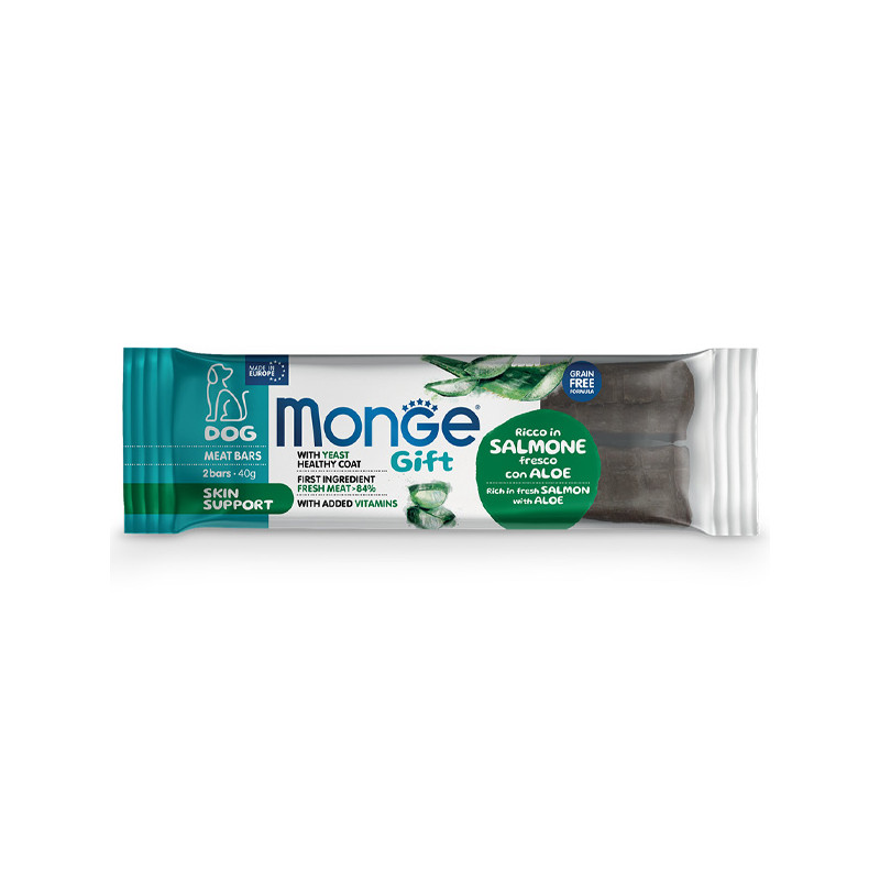 Monge - Snack Dog Meat Bars Adult Skin Support Ricco in Saumon Frais avec Aloe 40 g (Chien) Monge - Snack Dog Meat Bars Adult Skin Support Ricco in Saumon Frais avec Aloe 40 g (Chien)