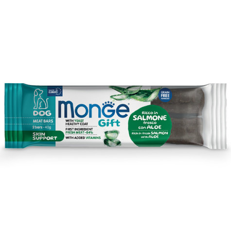 Monge - Snack Dog Meat Bars Adult Skin Support Ricco in Salmone Fresco con Aloe - 40GR (Cane) -