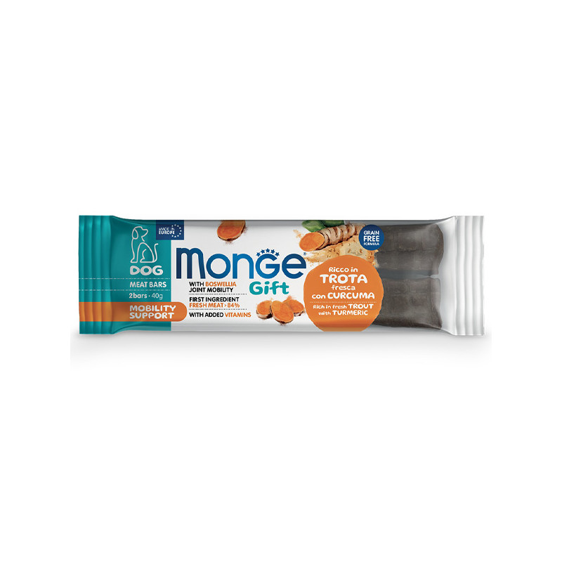 Monge - Snack Dog Meat Bars Adult Mobility Support Ricco in Trota Fresca con Curcuma - 40GR (Cane) Monge - Snack Dog Meat Bars Adult Mobility Support Ricco in Trota Fresca con Curcuma - 40GR (Cane)