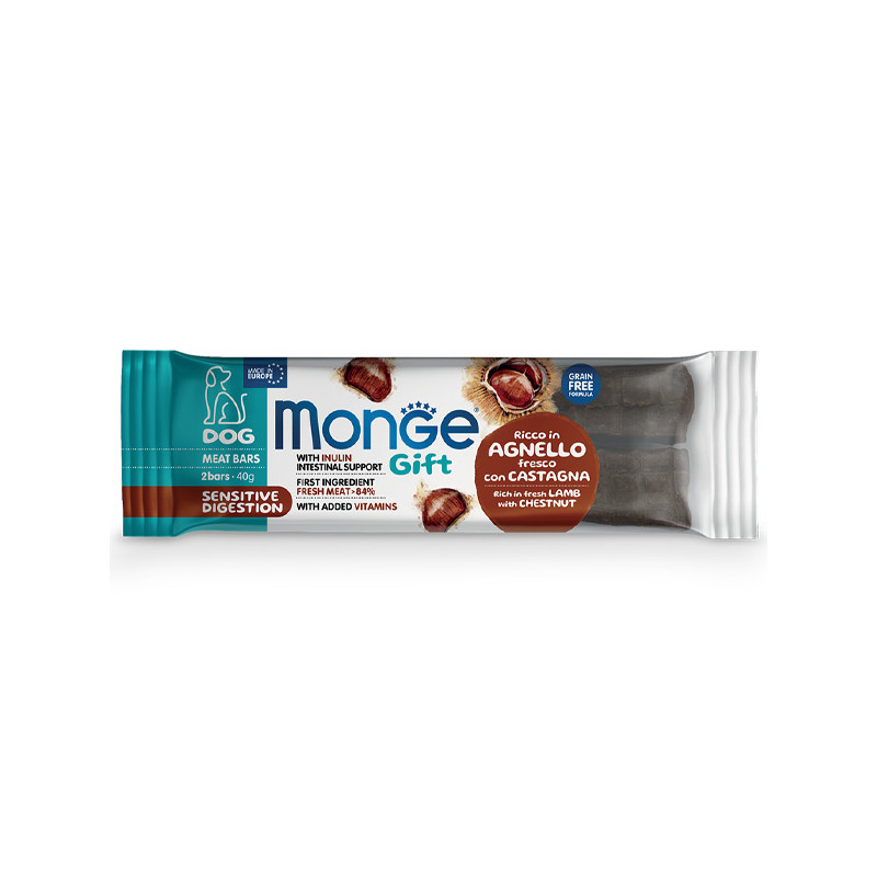 Monge - Snack Dog Meat Bars Adult Sensitive Sensitive Digestion Ricco in Agnello Fresco con Castagne - 40GR (Cane) Monge - Snack Dog Meat Bars Adult Sensitive Sensitive Digestion Ricco in Agnello Fresco con Castagne - 40GR (Cane)