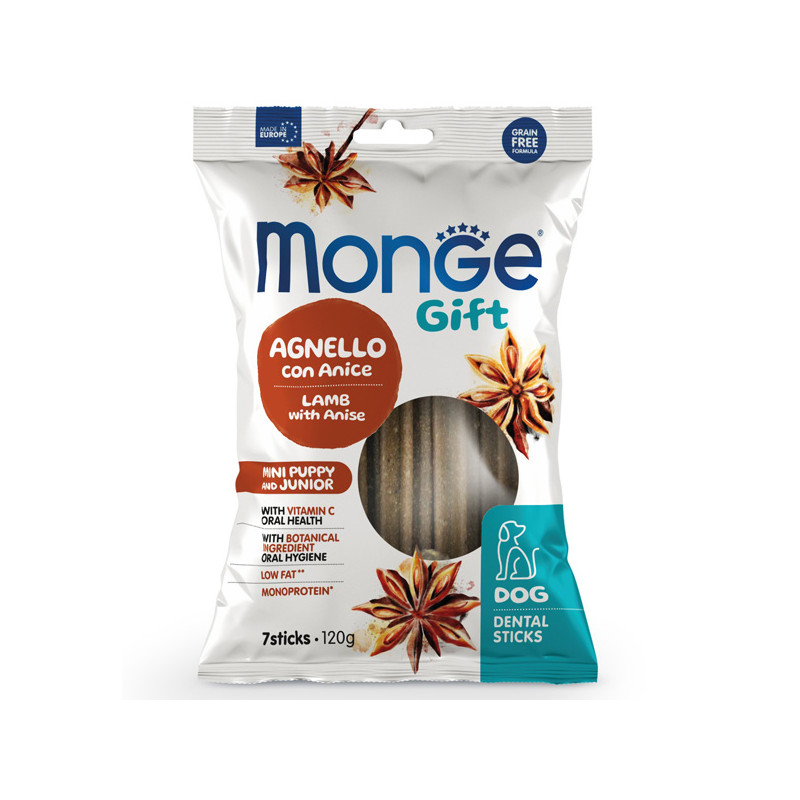 Monge - Snack Gift Puppy & Junior Mini Stick Dental Agnello con Anice - 120GR (Cane) Monge - Snack Gift Puppy & Junior Mini Stick Dental Agnello con Anice - 120GR (Cane)