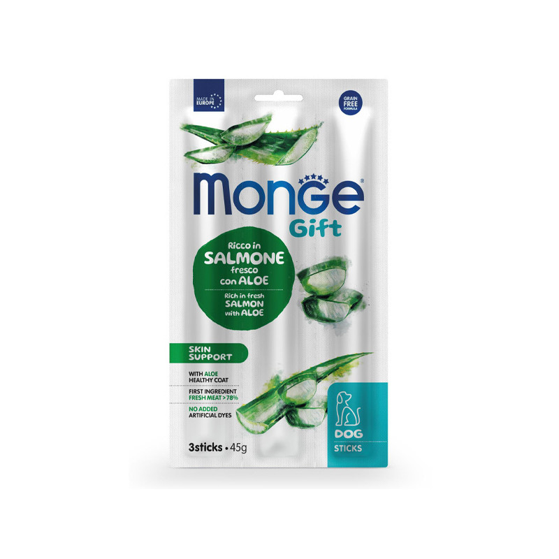 Monge - Snack Dog Sticks Adult Skin Support Ricco in Saumon Frais avec Aloe 45 g (Chien) Monge - Snack Dog Sticks Adult Skin Support Ricco in Saumon Frais avec Aloe 45 g (Chien)