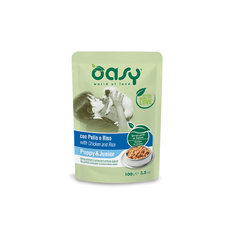 OASY Straccetti in Salsa Puppy con Poulet e Riso - 100GR OASY Straccetti in Salsa Puppy con Poulet e Riso - 100GR