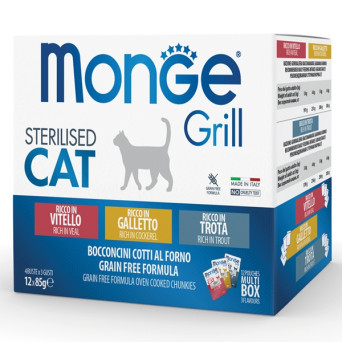 MONGE Grill Sterilised Multibox Mix Vitello - Galletto - Trota - da 85 Gr, -