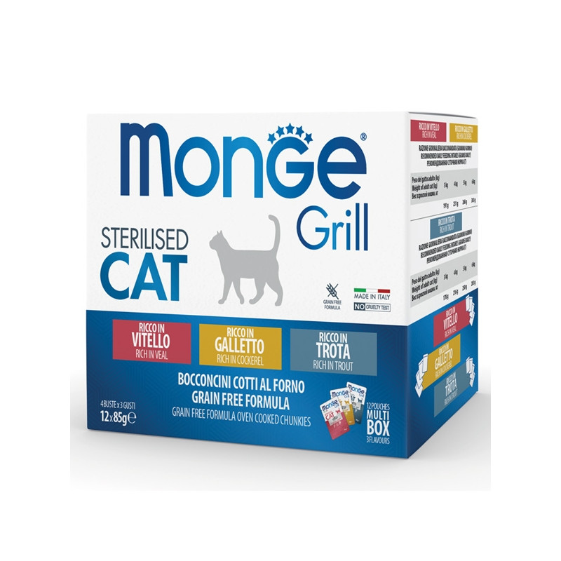 MONGE Grill Sterilised Multibox Mix Vitello - Galletto - Trota - da 85 Gr,