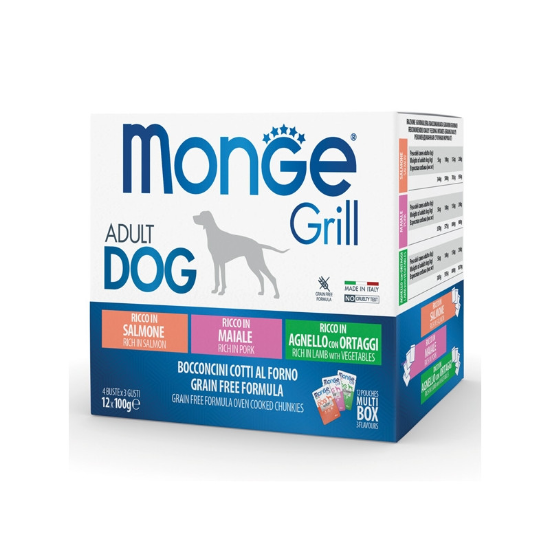 MONGE Grill Adult Multibox Mix Salmon - Pork - Lamb - da 100 Gr. MONGE Grill Adult Multibox Mix Salmon - Pork - Lamb - da 100 Gr.