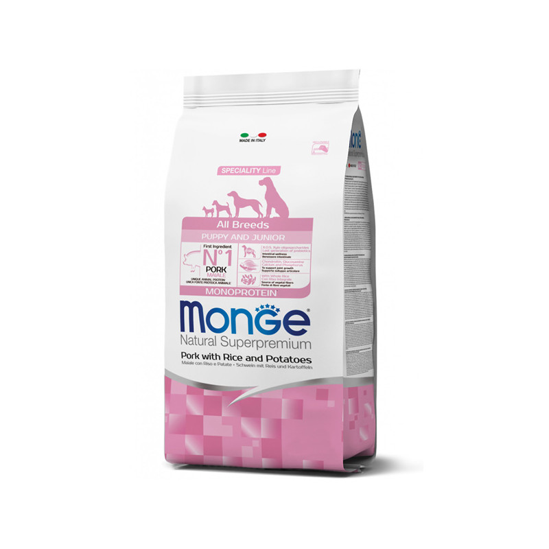 MONGE Natural Superpremium All Breeds Puppy & Junior Natural Superpremium Porc con Riso e Patate - 12KG