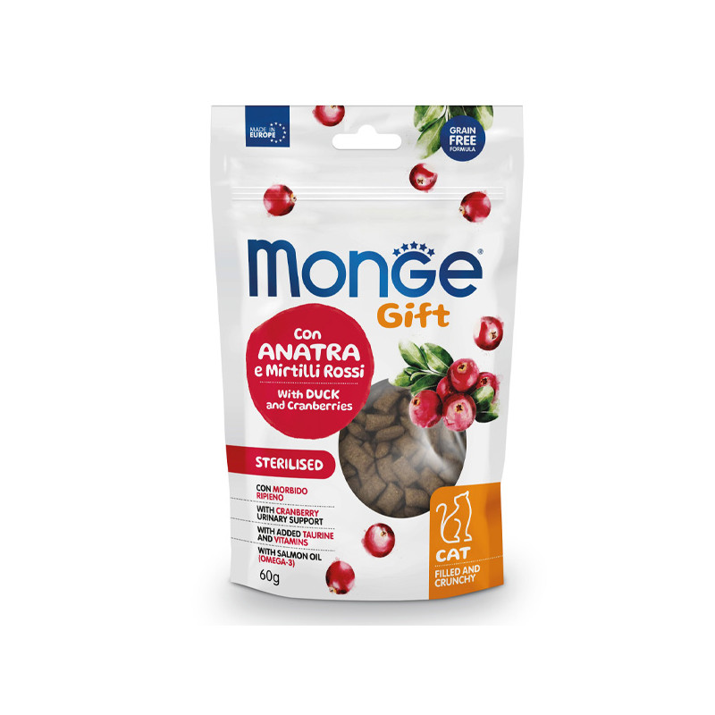 MONGE Snack Gift Adult Sterilised con Anatra e Mirtilli Rossi Filled And Crunchy - 60GR