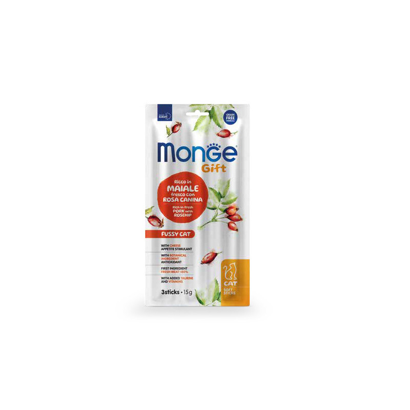 MONGE Snack Gift Adult Soft Sticks Appetito Difficile Maiale Fresco E Rosa Canina - 45GR
