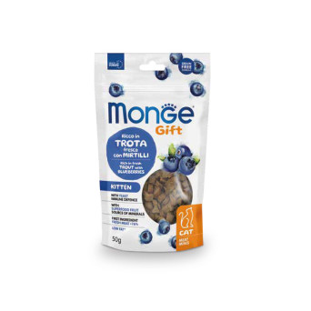 MONGE Snack Gift Kitten Meat Minis Supporto Alla Crescita Ricco in Trota Fresca E Mirtilli Blu - 50GR - 