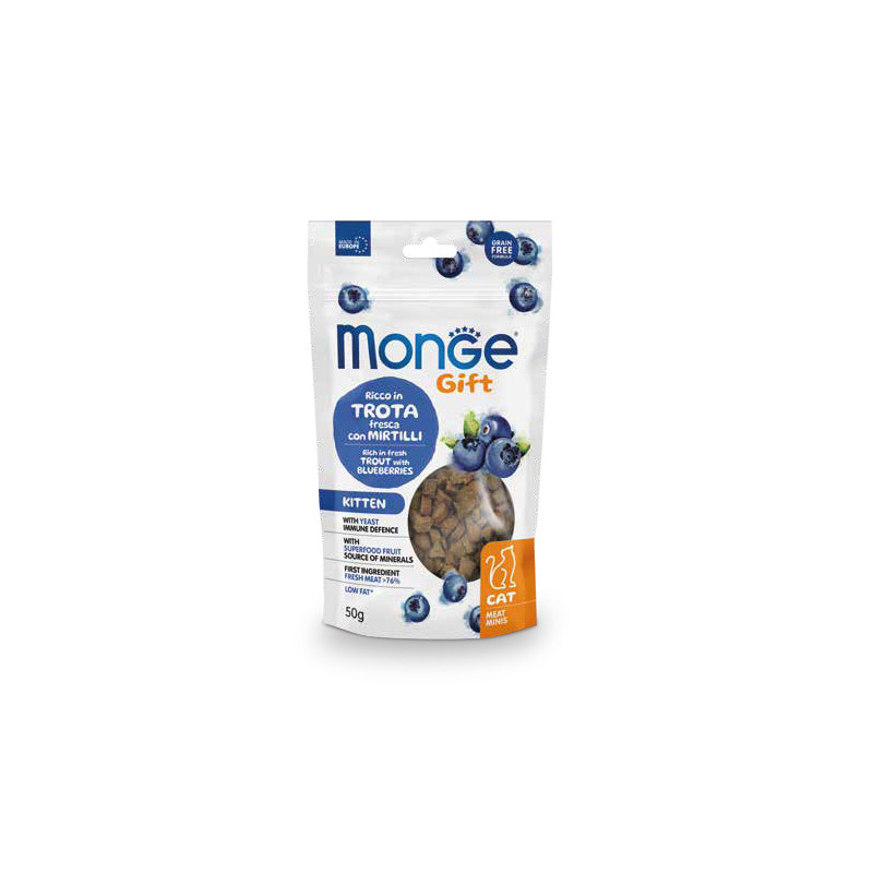 MONGE Snack Gift Kitten Meat Minis Supporto Alla Crescita Ricco in Trota Fresca E Mirtilli Blu - 50GR MONGE Snack Gift Kitten Meat Minis Supporto Alla Crescita Ricco in Trota Fresca E Mirtilli Blu - 50GR