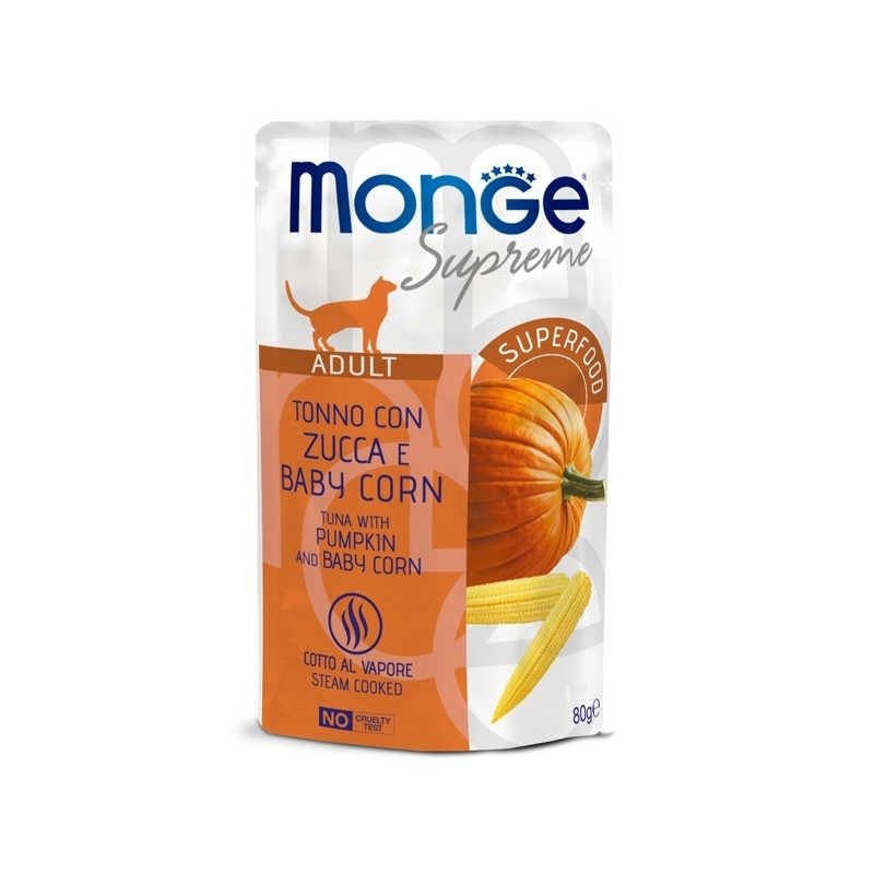 MONGE Supreme Adult Pezzetti di Thon con Zucca e Baby Mais - 80GR MONGE Supreme Adult Pezzetti di Thon con Zucca e Baby Mais - 80GR
