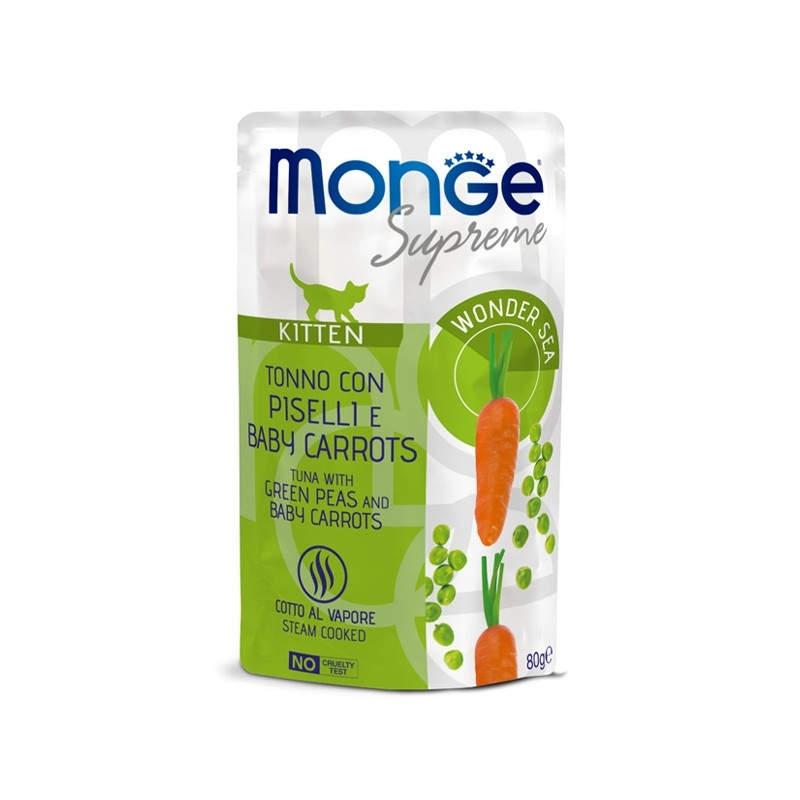 MONGE Supreme Kitten Pezzetti di Tonno con Piselli e Carote Baby - 80GR MONGE Supreme Kitten Pezzetti di Tonno con Piselli e Carote Baby - 80GR