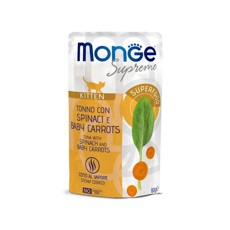 MONGE Supreme Kitten Pezzetti di Thon con Spinaci e Carote Baby - 80GR MONGE Supreme Kitten Pezzetti di Thon con Spinaci e Carote Baby - 80GR