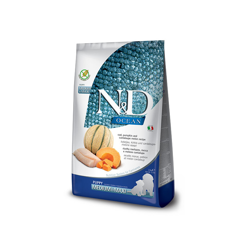 Farmina Natural & Delicious Medium Maxi Ocean Puppy con Merluzzo, Zucca e Cantalupo - 2,50KG Farmina Natural & Delicious Medium Maxi Ocean Puppy con Merluzzo, Zucca e Cantalupo - 2,50KG