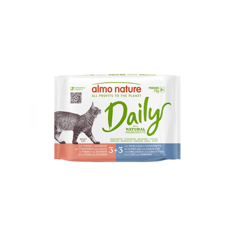 Almo Nature Daily Menu Cat Tonno Salmone e Merluzzo Gamberetti - 6 Bustine da 70Gr.