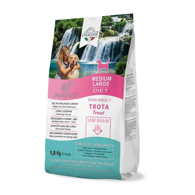 Marpet - Chien Equilibria Low Grain 100% Truite Medium Adult 1,5 kg Marpet - Chien Equilibria Low Grain 100% Truite Medium Adult 1,5 kg
