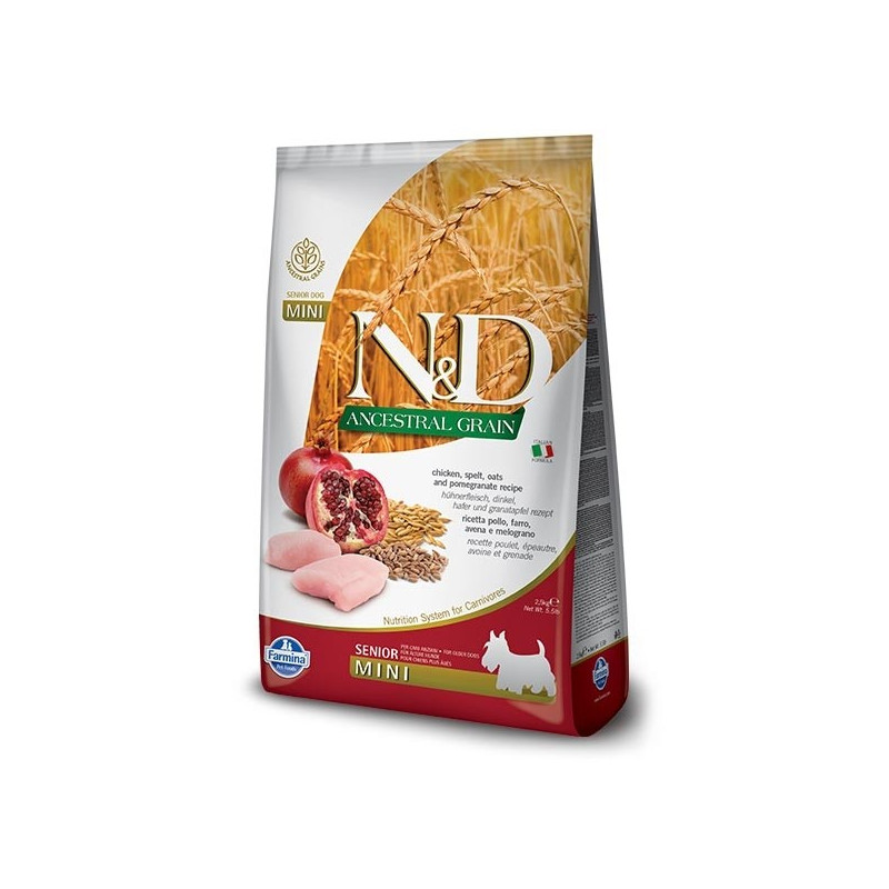 FARMINA N et D LOW ANCESTRAL GRAIN Chien senior mini moyen épeautre avoine poulet et grenade 2,5 kg FARMINA N et D LOW ANCESTRAL GRAIN Chien senior mini moyen épeautre avoine poulet et grenade 2,5 kg