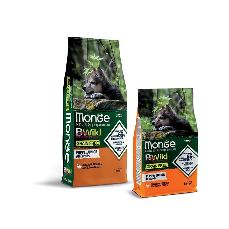 Monge - Dog BWild Grain Free Puppy & Junior All Breeds with Duck and Potatoes 12 kg