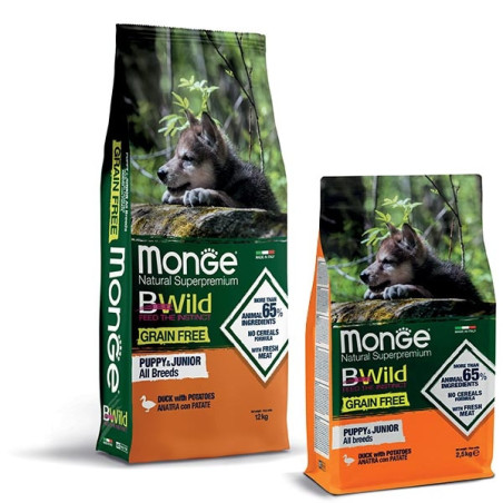 Monge - Cane BWild Grain Free Puppy & Junior All Breeds con Anatra e Patate 12 kg - 