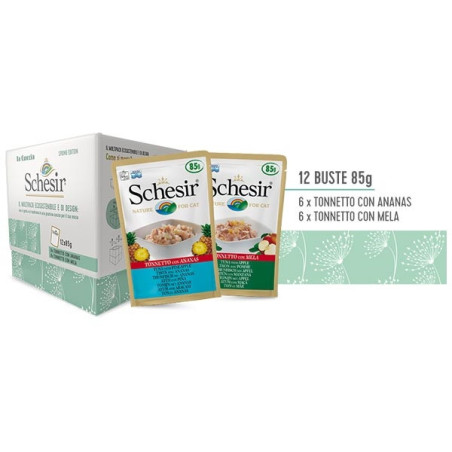 Schesir Gatto Multipack Ecosostenibile con Cuccie (gusto Tonneto e ananas  e Tonneto e mela) 1 set/2 cuccie + 12 bustine