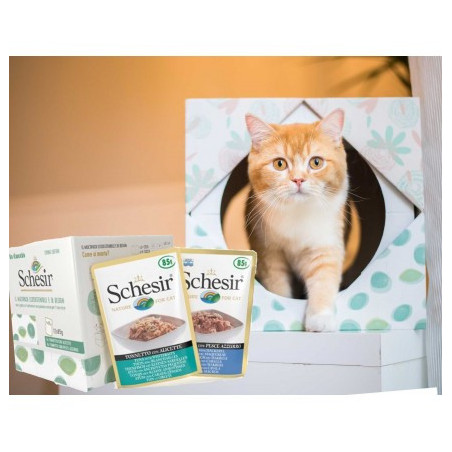 Schesir Gatto Multipack Ecosostenibile con Cuccie (gusto Tonneto e ananas  e Tonneto e mela) 1 set/2 cuccie + 12 bustine