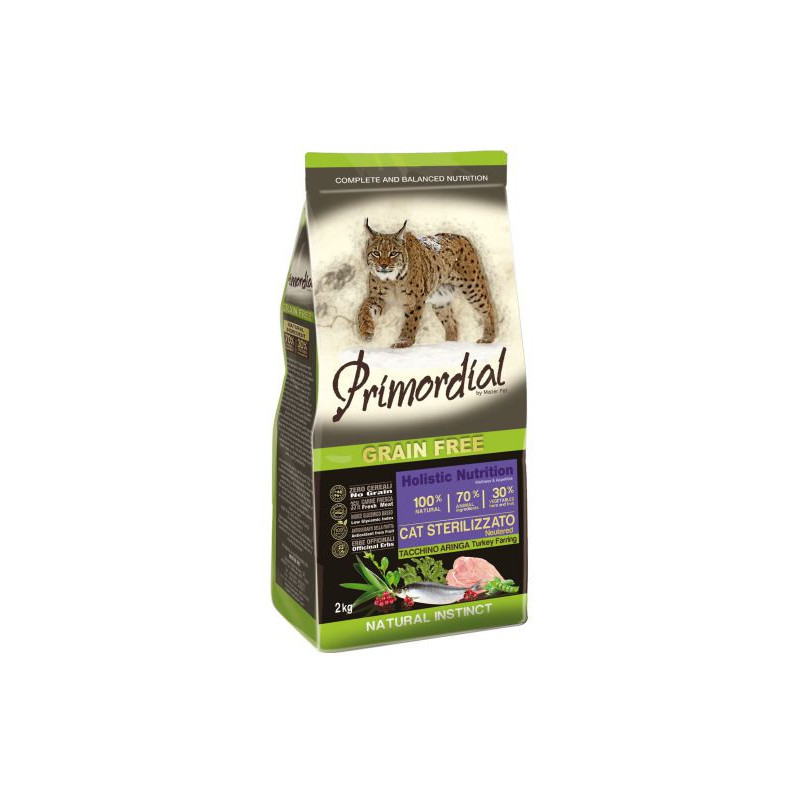 PRIMORDIAL Sterilisiertes Trockenfutter für Katzen Pute und Hering 2 kg.
