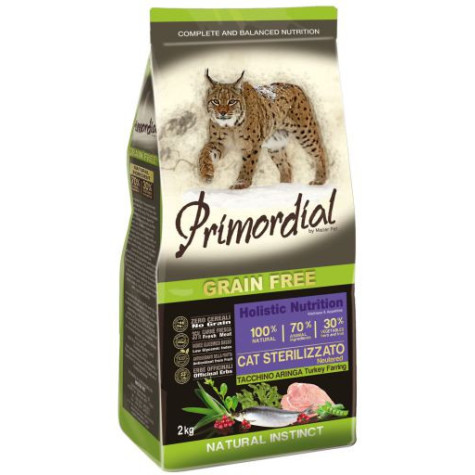 PRIMORDIAL Sterilisiertes Trockenfutter für Katzen Pute und Hering 2 kg.