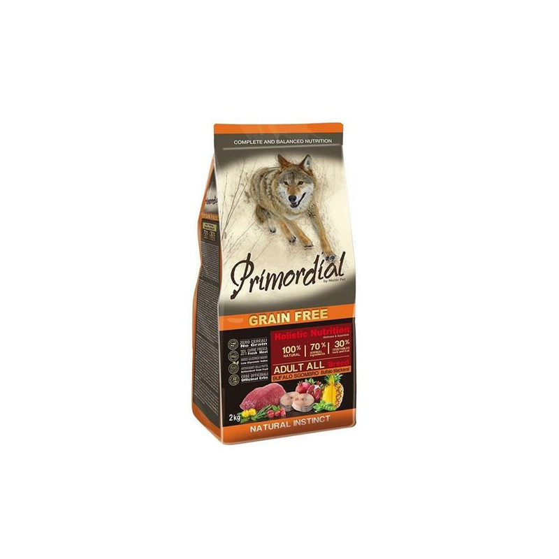 PRIMORDIAL Trockenfutter für ausgewachsene Hunde Büffel und Makrele Getreidefrei 2 kg.