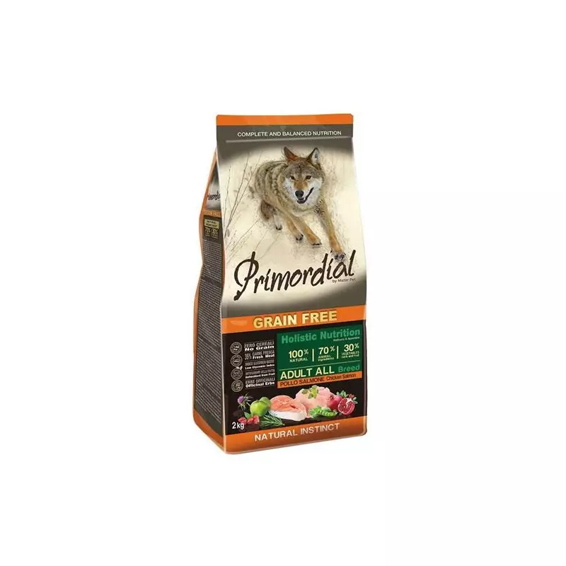 PRIMORDIAL Trockenfutter für ausgewachsene Hunde Huhn und Lachs Getreidefrei 2 kg.