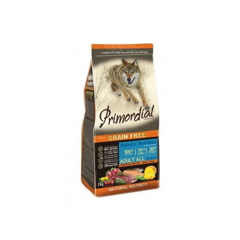 PRIMORDIAL Trockenfutter für ausgewachsene Hunde Ente und Forelle ohne Getreide 12 kg.