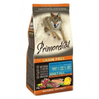 PRIMORDIAL Trockenfutter für ausgewachsene Hunde Ente und Forelle ohne Getreide 2 kg.