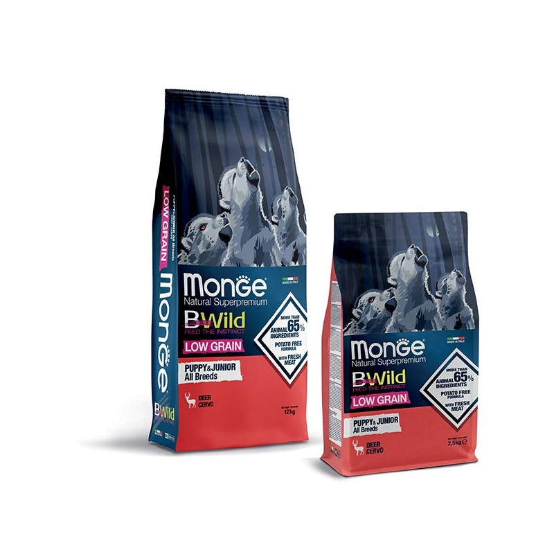 MONGE BWild Low Grain Puppy et Junior All Breeds avec Cerf 2,5 kg.