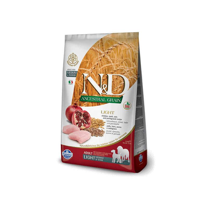 FARMINA N et D LOW ANCESTRAL GRAIN chien light medio maxi épeautre avoine poulet et grenade 2,5 kg FARMINA N et D LOW ANCESTRAL GRAIN chien light medio maxi épeautre avoine poulet et grenade 2,5 kg