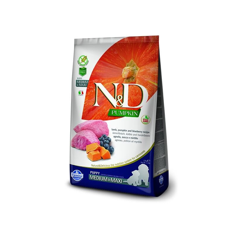 FARMINA N et D PUMPKIN grain free puppy moyen maxi agneau citrouille et myrtille 12 kg