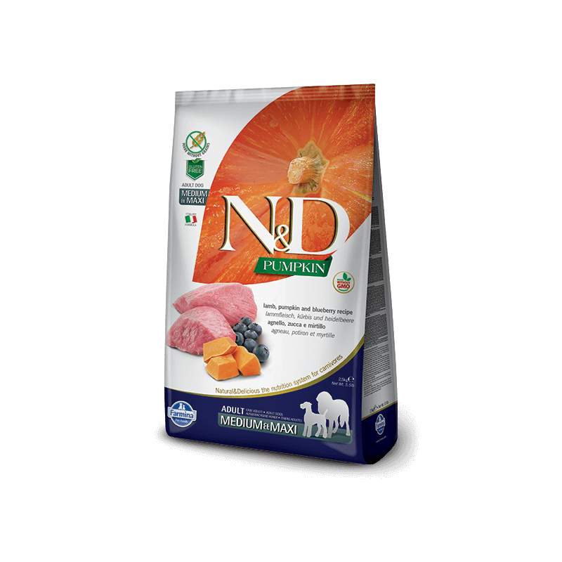 FARMINA N et D PUMPKIN grain free adult moyen maxi agneau citrouille et myrtille 2,5 kg