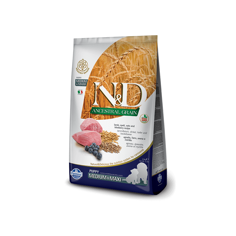 FARMINA N et D Low Ancestral Grain Puppy Medium et Maxi avec agneau et myrtille 2,5 kg FARMINA N et D Low Ancestral Grain Puppy Medium et Maxi avec agneau et myrtille 2,5 kg