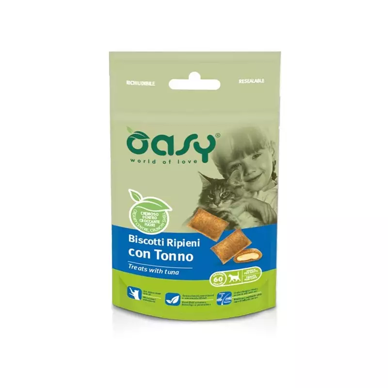 Oasy - Snack gefüllte Kekse für Katze mit Thunfisch 60 gr. Oasy - Snack gefüllte Kekse für Katze mit Thunfisch 60 gr.