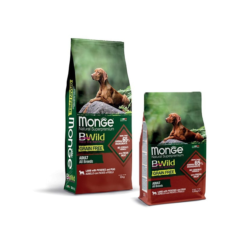 MONGE BWild Grain Free Adult All Breeds with Lamb, Potatoes and Peas 12 kg.