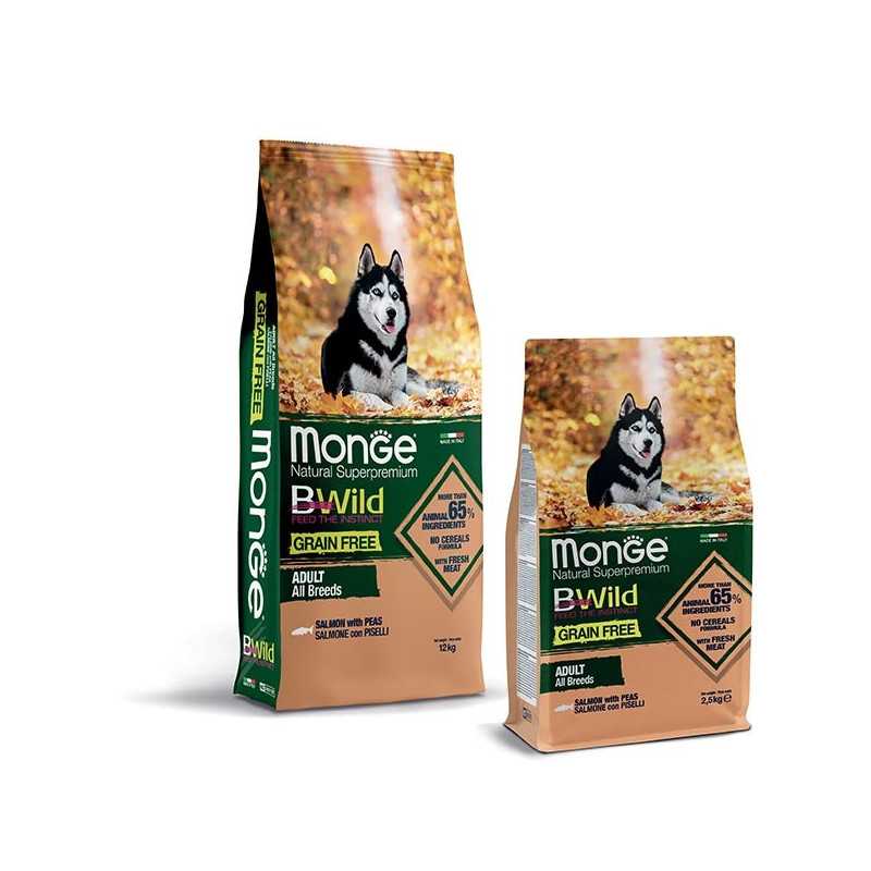 MONGE BWild Grain Free Adult All Breeds avec Saumon et Petits pois 2,5 kg. MONGE BWild Grain Free Adult All Breeds avec Saumon et Petits pois 2,5 kg.