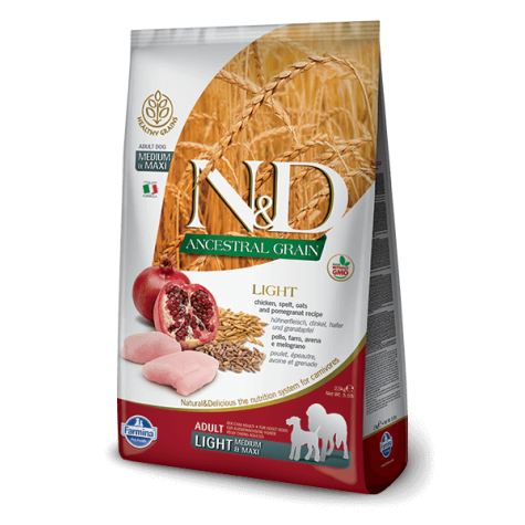 FARMINA N et D LOW ANCESTRAL GRAIN Chien light moyen maxi épeautre avoine poulet et grenade 12 kg