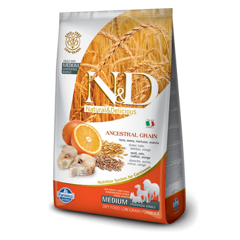 Farmina n et d low grain Chien moyen épeautre avoine cabillaud arancia 2,5 kg
