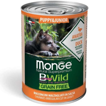 MONGE BWild Grain Free Puppy & Junior All Breeds con Anatra, Zucca e Zucchine 12x 400 gr. - 